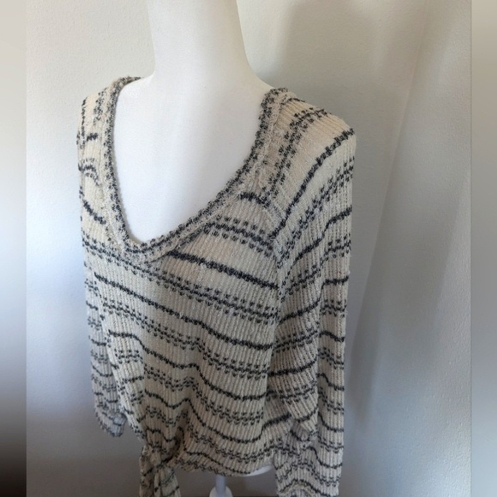 Altar'd State Pullover Small White Black Striped Knit V Neck Tie Front Sweater - Picture 2 of 8